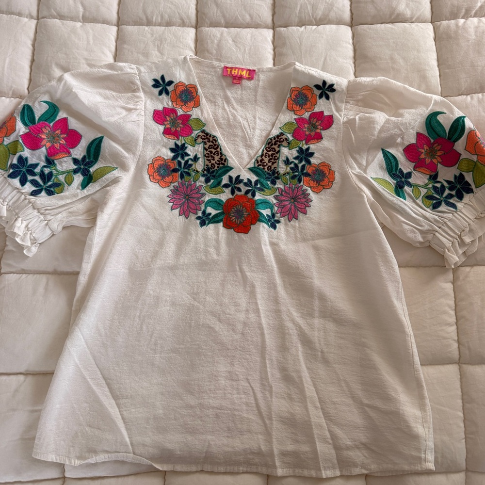THML White Blouse with Colorful Floral Embroidery
